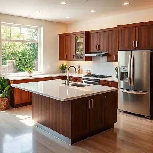 Modern kitchen remodel in Rolling Meadows IL features walnut cabinets, quartz island, stainless appliances, and bright ambiance.