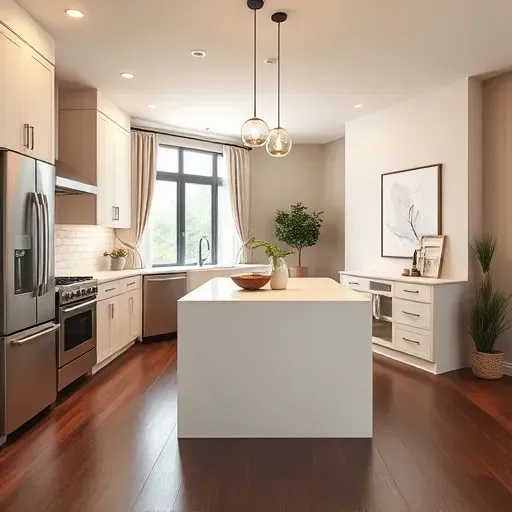 Renovated Elmhurst kitchen with sleek matte cabinets stainless steel appliances quartz island subway tile backsplash warm greige walls dark hardwood floors natural light modern decor