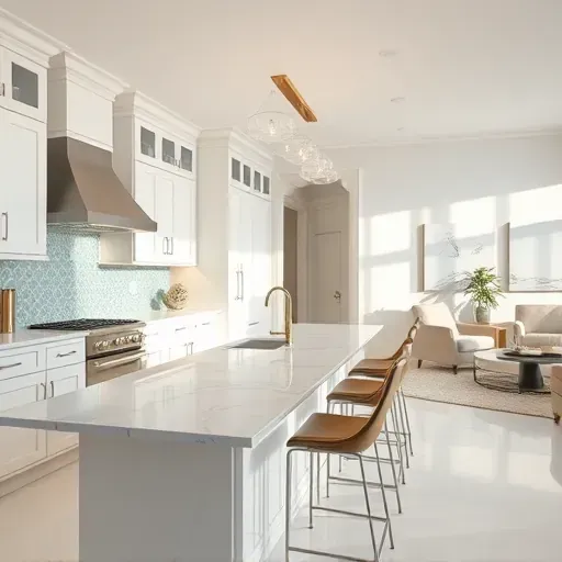 Renovated kitchen in Highland Park, IL, with white cabinetry, marble countertops, teal backsplash, and modern appliances.