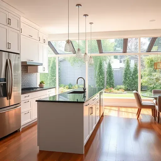 Recently remodeled Bloomingdale Illinois kitchen with white cabinets stainless steel appliances dark granite island and lush backyard view