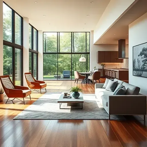 Modern Highland Park living room featuring open floor plan, sleek furniture, natural light, and stylish kitchen.