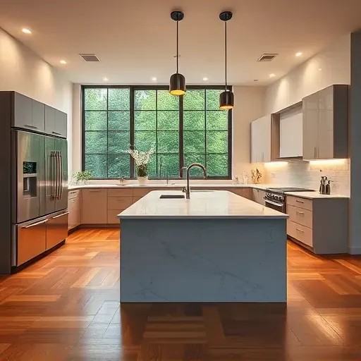 Perfectly lit modern kitchen in Bloomingdale Illinois with stainless steel appliances marble island and natural light