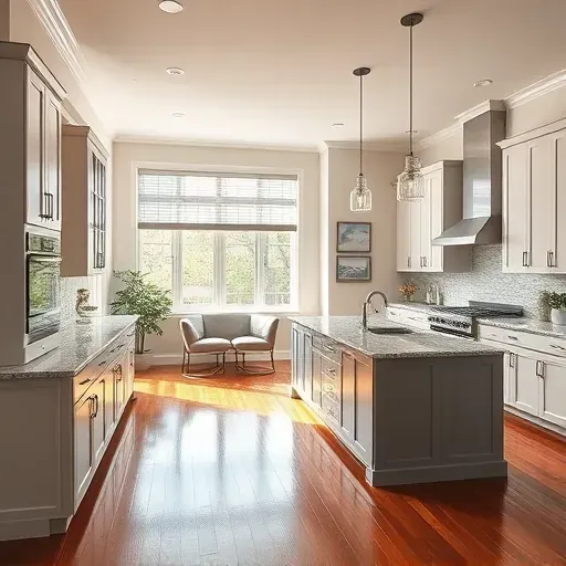 Renovated kitchen in Arlington Heights featuring modern cabinetry, granite countertops, large windows, and a cozy nook.