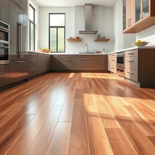 Freshly installed hardwood or luxury vinyl kitchen flooring in Bloomingdale Illinois with modern cabinetry and natural light