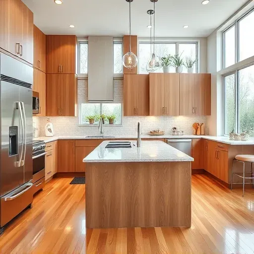 Renovated Niles Illinois kitchen with granite countertops stainless steel appliances custom wood cabinets and natural light