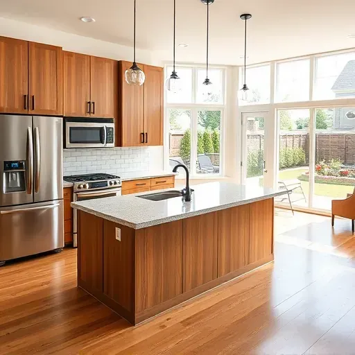 Beautiful renovated modern kitchen in Barrington Illinois with wood cabinets granite island high-end appliances and natural light