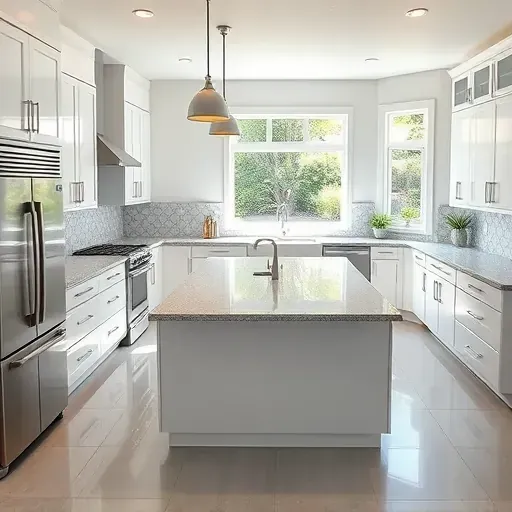 Remodeled Aurora Illinois kitchen with glossy white cabinets stainless steel appliances granite island pendant lights stylish backsplash natural light lush backyard modern tile flooring