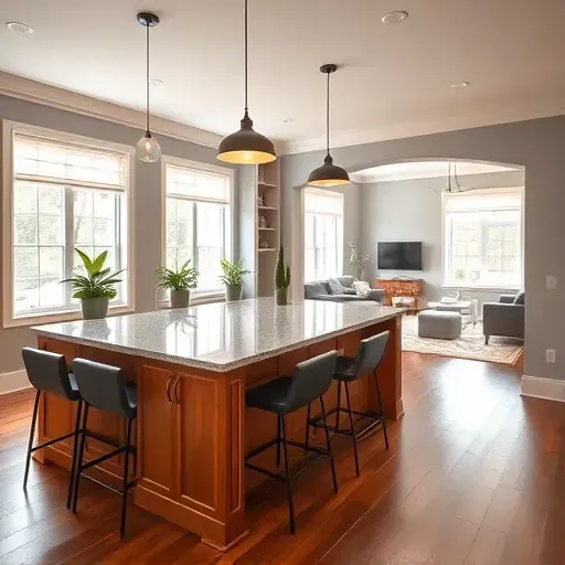 Modern kitchen remodel in Libertyville IL features a granite island, warm wood cabinetry, and cozy decor with natural light.