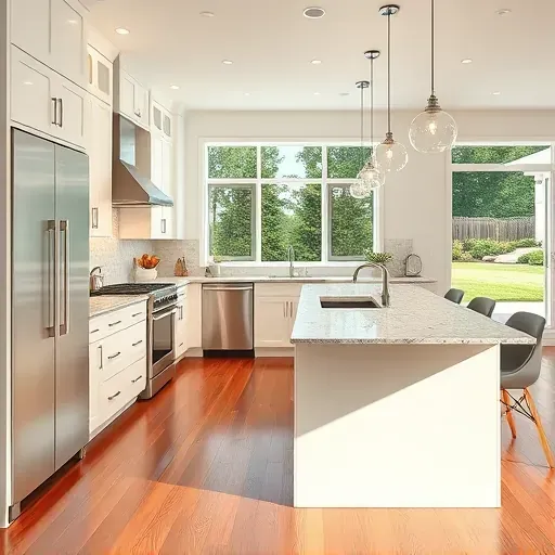 Completed modern kitchen remodel in Des Plaines IL with white cabinets stainless steel appliances granite island hardwood floors and natural light
