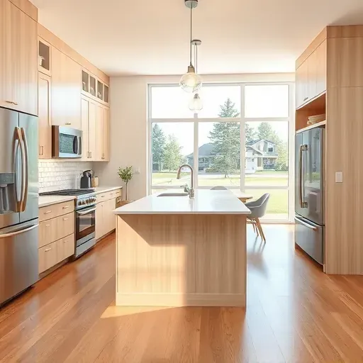 Renovated Skokie IL kitchen with light wood cabinets stainless steel appliances marble island pendant lighting subway tile backsplash hardwood floors and bright pantry