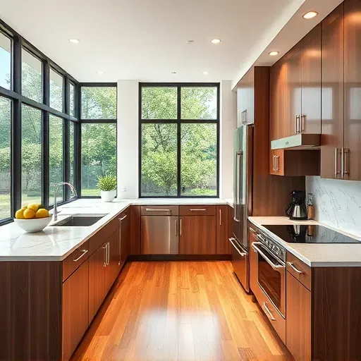 Beautiful remodeled Arlington Heights kitchen with marble countertops stainless steel appliances wooden cabinets large windows hardwood floors and outdoor garden view