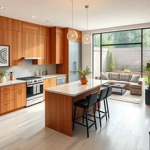 Contemporary kitchen in Schaumburg with modern cabinetry, granite countertops, and natural light from large windows.