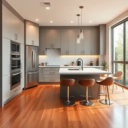 Modern remodeled kitchen in Naperville with sleek cabinets, quartz counters, subway backsplash, stainless steel appliances, hardwood floors, and natural light
