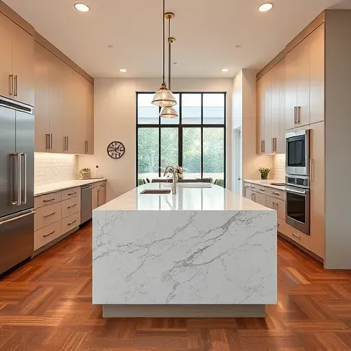 Renovated Hoffman Estates kitchen with matte modern cabinets granite island stainless appliances subway tile backsplash hardwood floors and large window