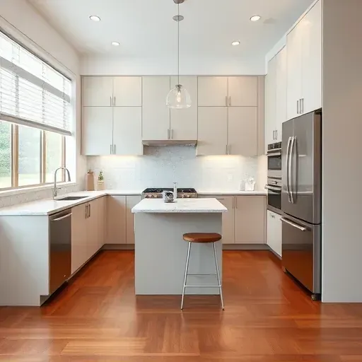 Recently remodeled modern kitchen in Bloomingdale IL with sleek matte cabinetry marble countertops stainless appliances and hardwood floors