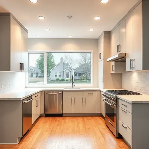 Modern kitchen remodel in Mundelein IL featuring sleek cabinetry, polished quartz counters, and warm hardwood flooring.