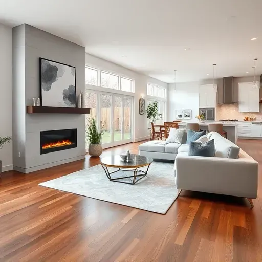 Modern living room in Hinsdale IL with hardwood floors, large windows, and stylish decor, enhancing elegance and comfort.