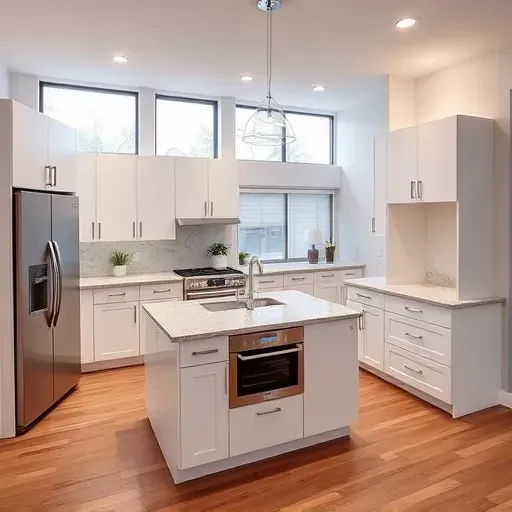 Modern small kitchen remodeling in Bloomingdale IL with sleek white cabinets natural stone countertops stainless steel appliances hardwood floors and ample natural light