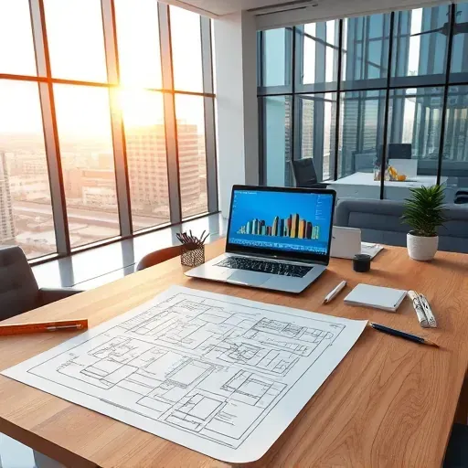 Modern office workspace with wooden desk, blueprints, CAD laptop, tools, and cityscape of Bloomingdale Illinois