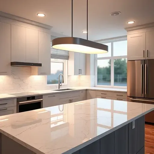 Modern kitchen lighting fixture illuminating a sleek Bloomingdale IL kitchen with minimalist design and polished marble countertop
