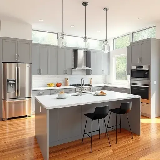 Recently remodeled Evanston kitchen with matte gray cabinets stainless steel appliances quartz island hardwood floors and natural light