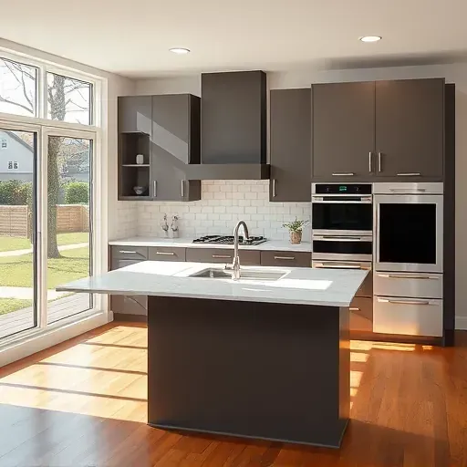 Remodeled Glencoe IL kitchen with matte modern cabinetry, quartz countertops, subway tile backsplash, central marble island, hardwood floors, and natural light.