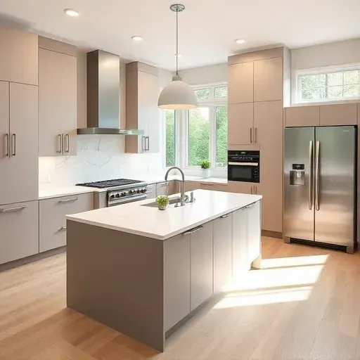 Modern renovated Deerfield IL kitchen with sleek handleless cabinets quartz countertops large island stainless steel appliances hardwood floors and natural light