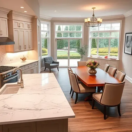 Renovated kitchen in Glencoe IL with modern cabinetry, large island, marble countertops, and stylish dining area.