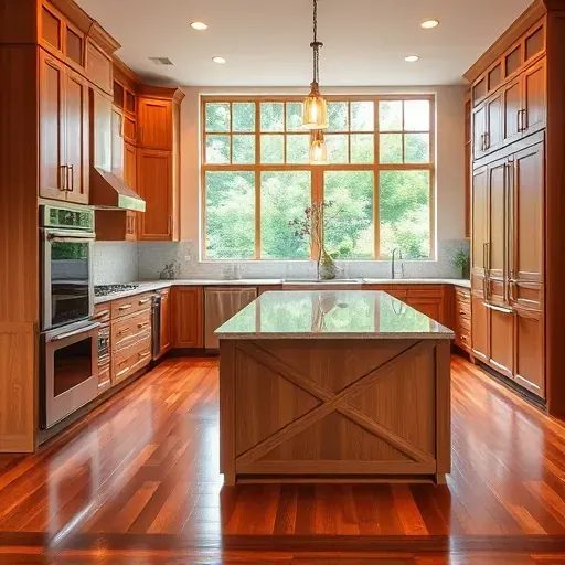 Remodeled Lake Forest kitchen with granite countertops stainless steel appliances custom wood cabinets large island natural light hardwood floors lush greenery outside