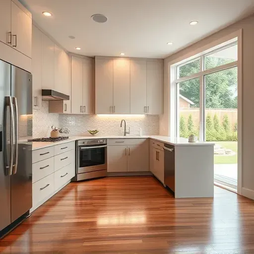 Recently renovated Elmhurst kitchen with modern cabinetry, stainless steel appliances, quartz countertops, hardwood floors, and natural daylight.