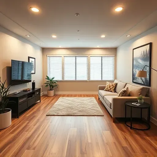 Remodeled basement in Bloomingdale IL featuring modern furnishings, hardwood-look flooring, natural light, and stylish decor