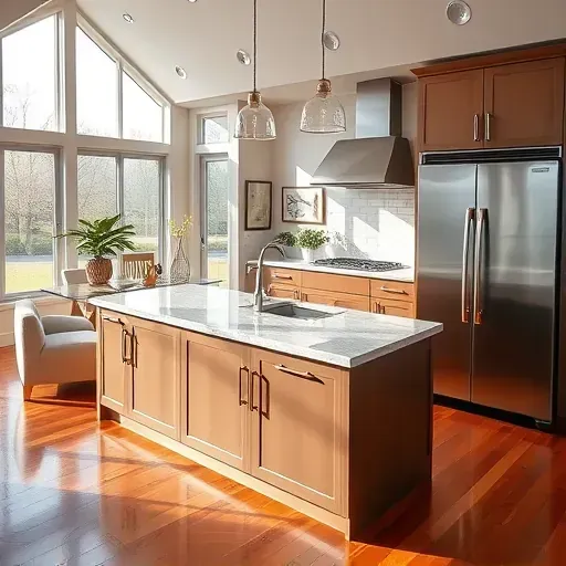 Renovated kitchen in Bloomingdale IL with sleek cabinetry, quartz island, and modern appliances illuminated by natural light.