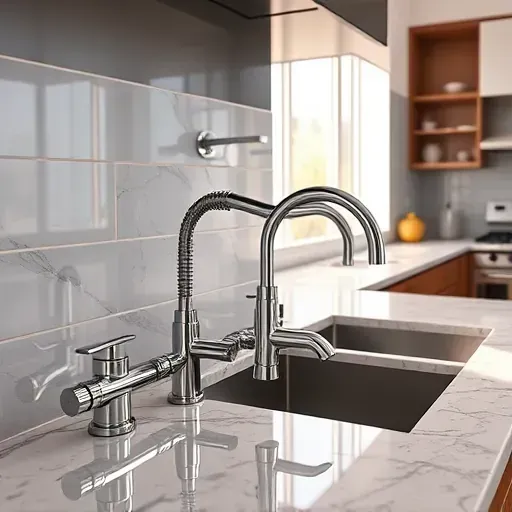 Detailed image of a modern kitchen plumbing system in Bloomingdale Illinois with chrome fixtures organized piping and sleek countertops