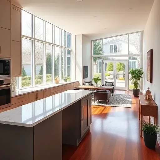 Modern kitchen and living area in Hinsdale IL featuring sleek cabinetry, marble counters, and hardwood floors with elegant decor.