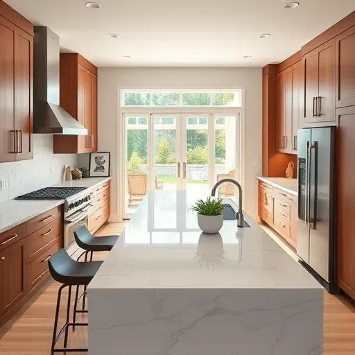 Modern kitchen remodel in Long Grove IL, featuring high-end appliances, wooden cabinets, quartz countertops, and natural light.