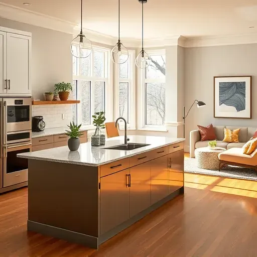 Modern kitchen remodel in Northfield, IL with sleek cabinetry, stainless steel appliances, and polished granite island.