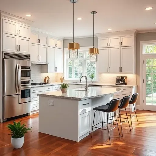 Renovated Long Grove IL kitchen with matte white cabinets stainless steel appliances granite island hardwood floors and large windows