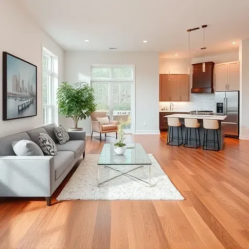 Completed home remodeling in Northbrook, IL, featuring a modern living room with hardwood floors and large windows.