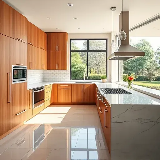 Modern Riverwoods IL kitchen with warm wood cabinets, marble island, high-end appliances, neutral backsplash, and lush garden view