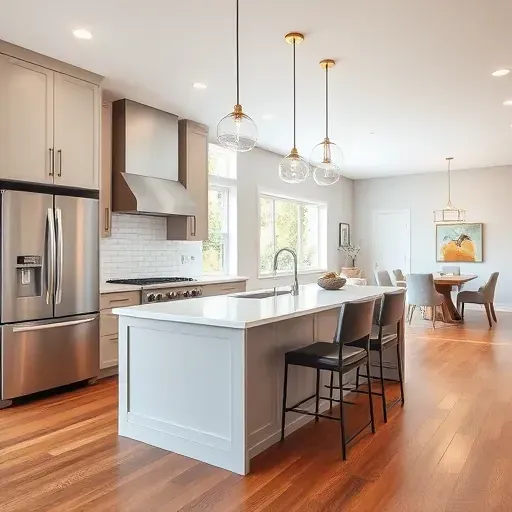 Remodeled Des Plaines Illinois modern kitchen with matte cabinets stainless steel appliances quartz island herringbone backsplash hardwood floors and natural light
