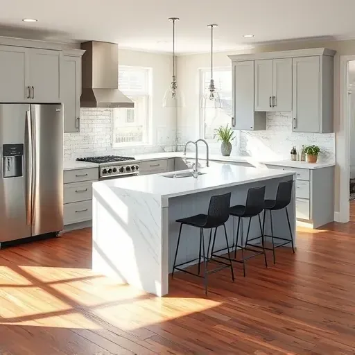 Kitchen remodel in South Barrington IL featuring modern gray cabinetry, marble countertops, wood flooring, and bright sunlight.