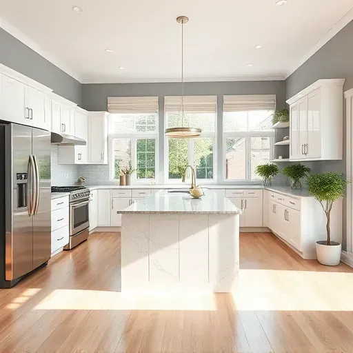 Modern kitchen remodeling in Deerfield IL features sleek white cabinetry, stainless steel appliances, marble island, and warm gray walls.