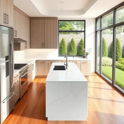 Renovated South Barrington kitchen with modern white cabinetry, marble counters, stainless steel appliances, hardwood floors and garden view