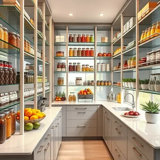 Organized modern pantry in Bloomingdale Illinois with glass jars, labeled containers, fresh produce, and natural lighting