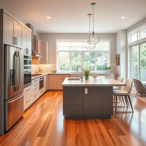 Modern remodeled Addison kitchen with matte cabinets granite island stainless steel appliances hardwood floors natural light