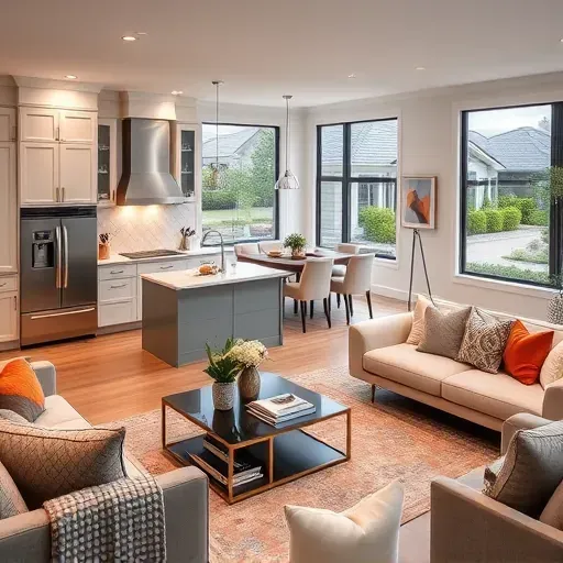 Modern kitchen remodel in Deerfield IL with stainless steel appliances, spacious island, and cozy living area.