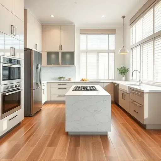 Freshly renovated Des Plaines kitchen with modern cabinetry, quartz countertops, stainless steel appliances, and geometric backsplash.
