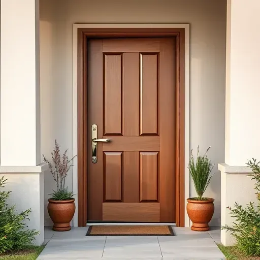 Modern wooden front door with elegant hardware on a pristine Bloomingdale porch with greenery and neutral exterior walls