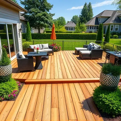 Finished wood deck in Bloomingdale Illinois with modern furniture, lush landscaping, and a suburban neighborhood.