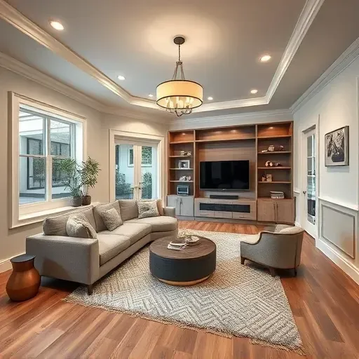 Beautiful finished basement in Bloomingdale IL with modern furnishings, cozy sectional, elegant trim, large windows, and stylish decor